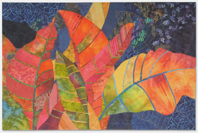 Crotons, an art quilt by Ellen Lindner.  AdventureQuilter.com