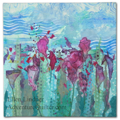 Garden of Restfulness, a glued fabric collage by Ellen Lindner, AdventureQuilter.com