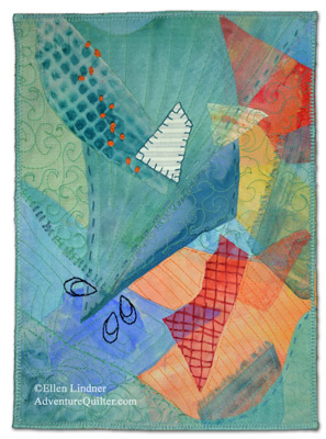 Making New Friends, a fabric collage by Ellen Lindner.  AdventureQuilter.com