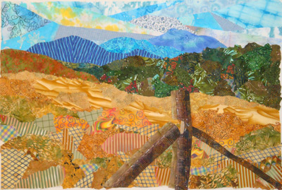 Image - bright mountain and meadow scene with one fence post