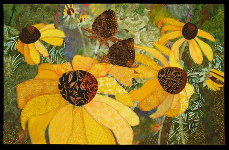 Image - yellow flowers, brown centers, green background