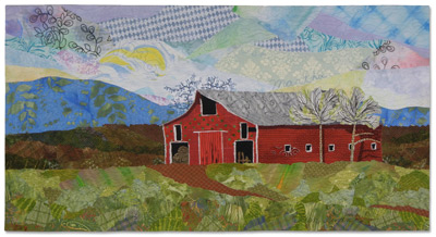 Image - red barn against mountain backrop