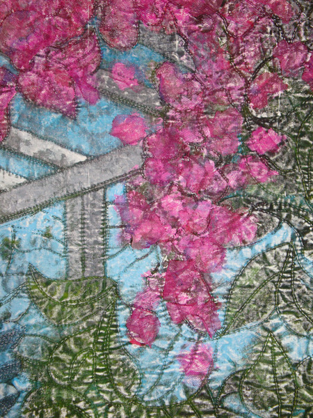 Image - blue background, pink blossoms cascading