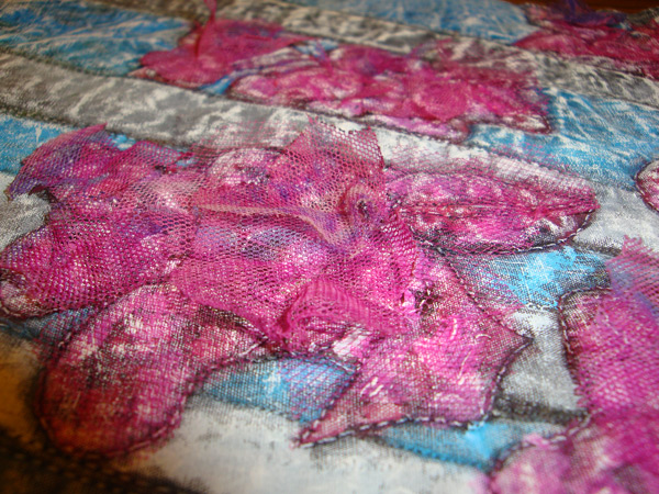 Image - pink sheer fabrics added to painted pink blossoms