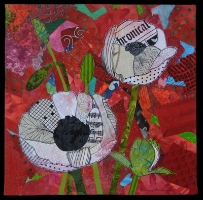 White Poppies, a fabric collage by Ellen Lindner, AdventureQuilter.com