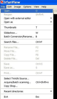 Screenshot: how to open a file in Irfanview