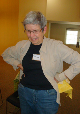 Judy pondering in Design Your Own Nature Quilt class taught by Ellen Lindner, adventurequilter.com