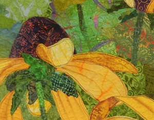 Blessings Underfoot - detail, and art quilt by Ellen Lindner.  AdventureQuilter.com