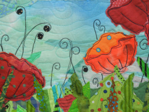 Garden Party, detail.  An art quilt by Ellen Lindner.  AdvenutreQuilter.com