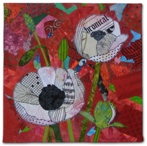 White Poppies, a glued collage by Ellen Lindner, and class sample for "Sticky Fingers:  Poppy Power."  AdventureQuilter.com
