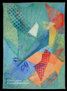 Making New Friends, a fabric collage by Ellen Lindner. AdventureQuilter.com/blog