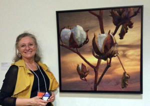 Jayne Gaskins with her art at the Southern Accents exhibit.   AdventureQuilter.com/blog