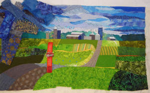 Oak Green Farm - in progress.  An art quilt by Ellen Lindner, AdventureQuilter.com/blog