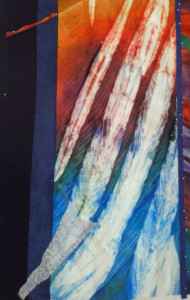 Lava to the Sea, in-progress. An art quilt by Ellen Lindner. AdventureQuilter.com