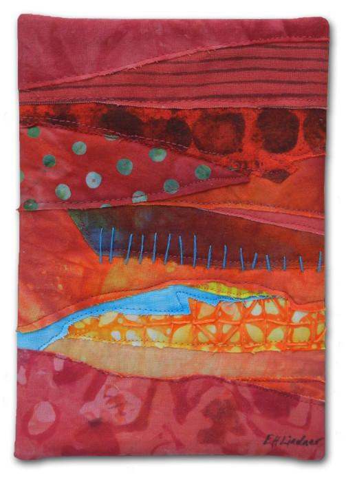 A tiny little fabric collage by Ellen Lindner. AdventureQuilter.com