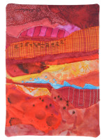 A tiny little fabric collage by Ellen Lindner. AdventureQuilter.com