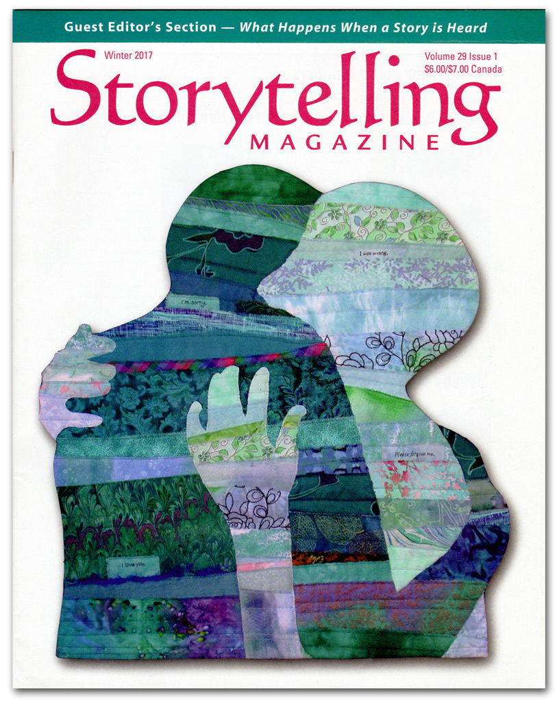 Ellen Lindner's art quilt on the cover of Storytelling Magazine. AdventureQuilter.com/blog