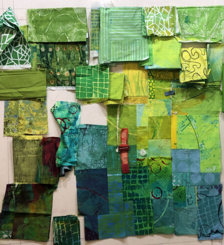 Piecing a Green Background. Ellen Lindner, AdventureQuilter.com/blog