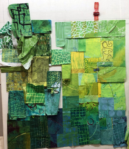 Piecing a Green Background. Ellen Lindner, AdventureQuilter.com/blog