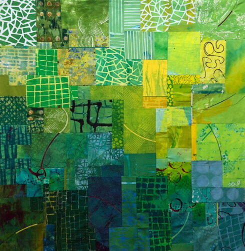 Piecing a Green Background. Ellen Lindner, AdventureQuilter.com/blog