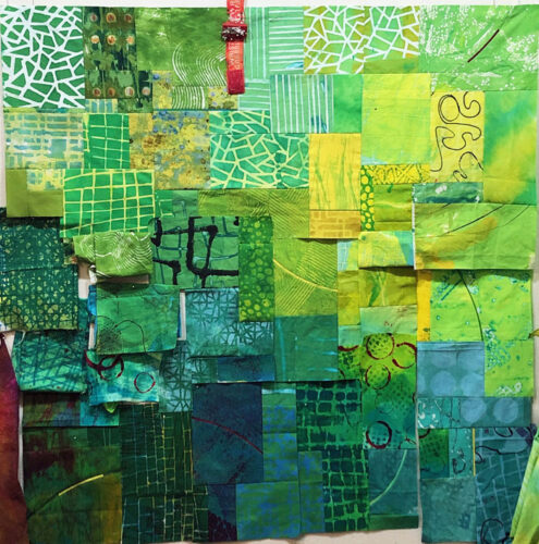 Piecing a Green Background. Ellen Lindner, AdventureQuilter.com/blog