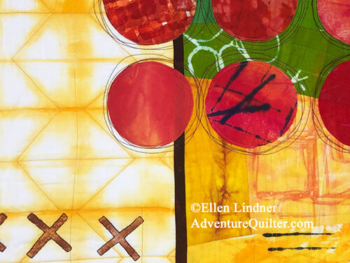 Farmers Market - detail. An art quilt by Ellen Lindner, AdventureQuilter.com