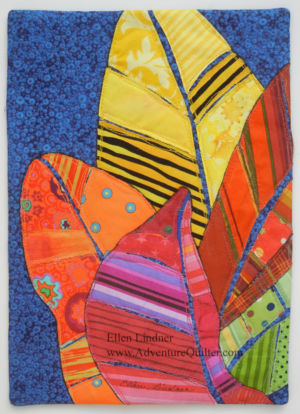 Croton Leaves, a small art quilt by Ellen Lindner. AdventureQuilter.com