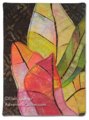 Croton Leaves #2, a small art quilt by Ellen Lindner. AdventureQuilter.com