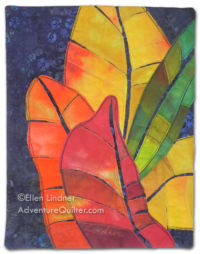 Croton Leaves #3, a small art quilt by Ellen Lindner. AdventureQuilter.com