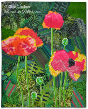 Poppies Ablaze, an art quilt by Ellen Lindner. AdventureQuilter.com