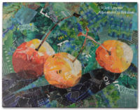 Three Cherries, a paper collage by Ellen Lindner. AdventureQuilter.com