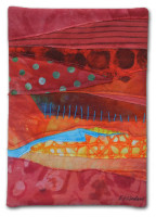 A tiny little fabric collage by Ellen Lindner. AdventureQuilter.com