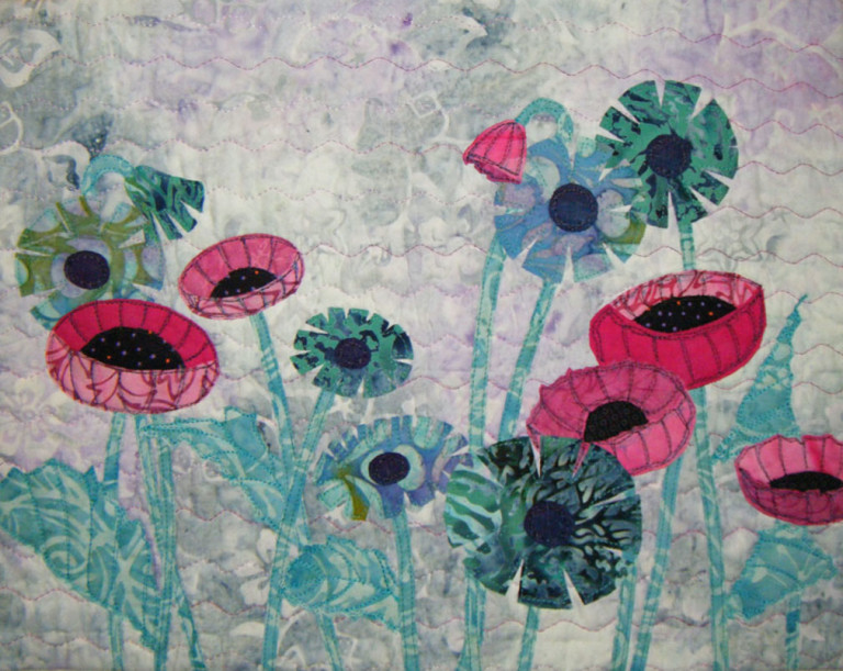 Made in a Floral Improv class with Ellen Lindner. AdventureQuilter.com