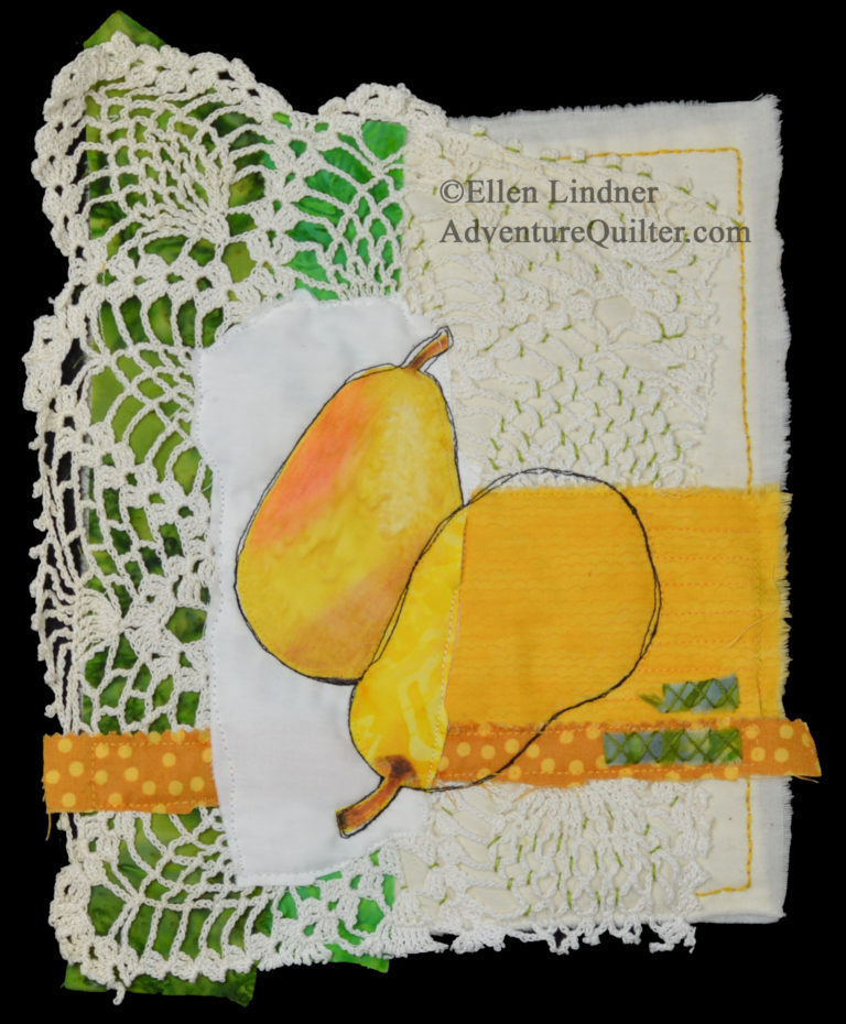 Pear Study #1, a small art quilt by Ellen Lindner. AdventureQuilter.com/