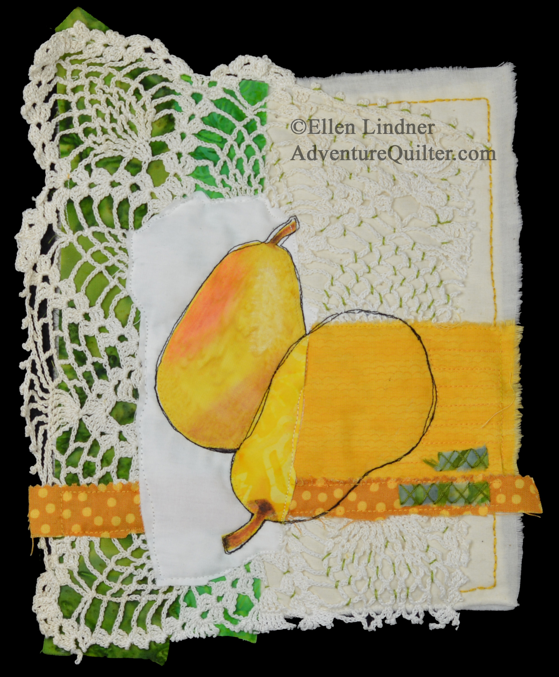 Pear Study #1, a small art quilt by Ellen Lindner. AdventureQuilter.com/