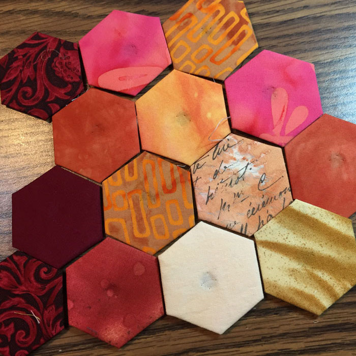 Hand Stitching Hexies. Ellen Lindner, AdventureQuilter.com/blog