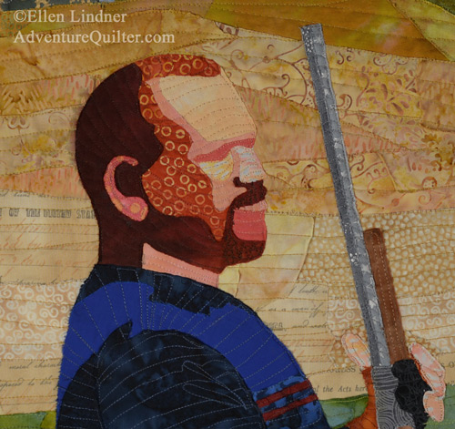 Close detail of facial features. Ellen Lindner, AdventureQuilter.com/blog