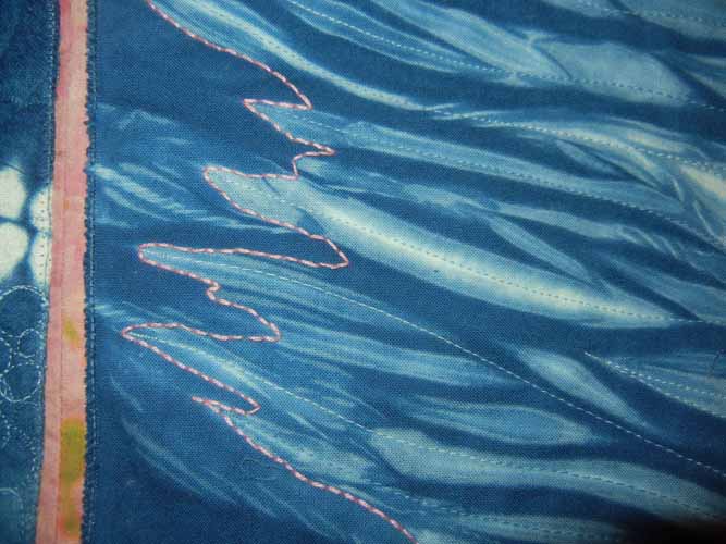 Pink Stitching on Blue Indigo. Ellen Lindner, AdventureQuilter.com/blog