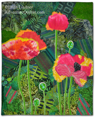 Poppies Ablaze, an art quilt by Ellen Lindner. AdventureQuilter.com