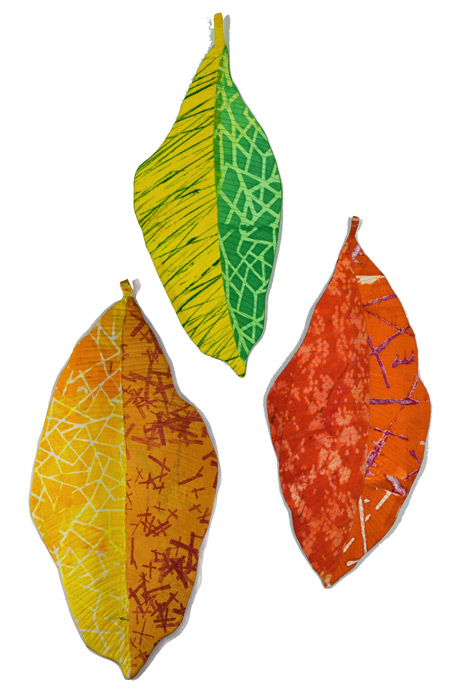 Croton Trio. 3D art quilt by Ellen Lindner. AdventureQuilter.com