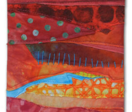 A tiny little fabric collage by Ellen Lindner. AdventureQuilter.com