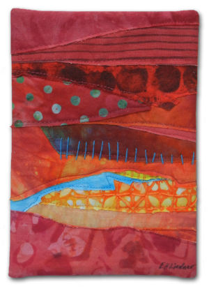 A tiny little fabric collage by Ellen Lindner. AdventureQuilter.com