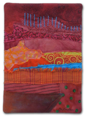 A tiny little fabric collage by Ellen Lindner. AdventureQuilter.com