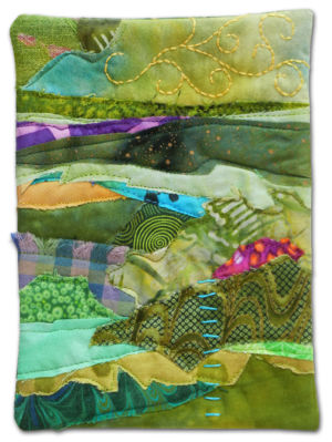 A tiny little fabric collage by Ellen Lindner. AdventureQuilter.com