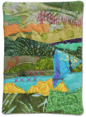A tiny little fabric collage by Ellen Lindner. AdventureQuilter.com