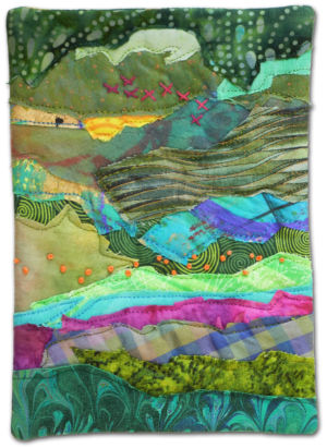 A tiny little fabric collage by Ellen Lindner. AdventureQuilter.com