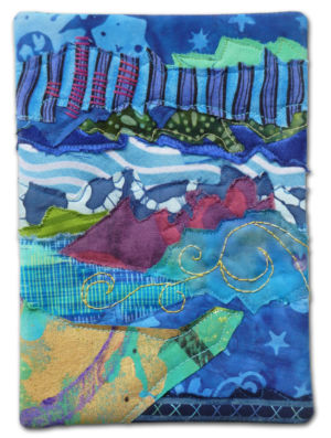 A tiny little fabric collage by Ellen Lindner. AdventureQuilter.com