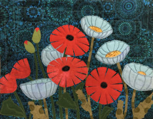 Student results from Ellen Lindner's "Floral Improv" class. AdventureQuilter.com